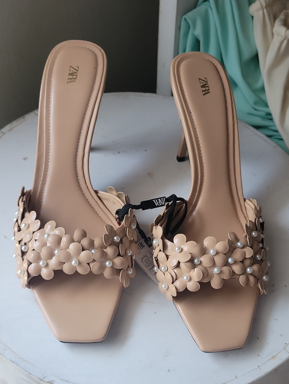Zara Beige Floral Pearl-Accent Square-Toe Slide Heels
